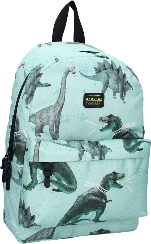 Lichtblauwe rugzak met dinosaurusprint, inclusief "The Original Skooter" label.
