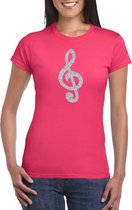 Zilveren muziek noot G-sleutel / muziek feest t-shirt / kleding - roze - voor dames - muziek shirts / muziek liefhebber / outfit S