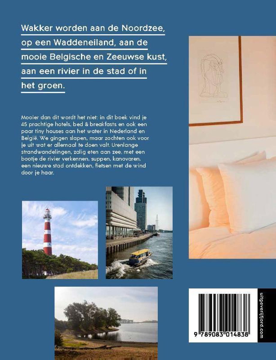 Boekcover met vier afbeeldingen: vuurtoren, moderne gebouwen aan water met boot, strand, meer. Tekst over hotelboek.