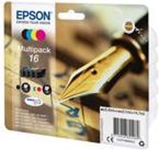 Epson 16 multipack inktcartridges in zwart, cyaan, geel en magenta. Met een gouden penpunt en het Epson logo.