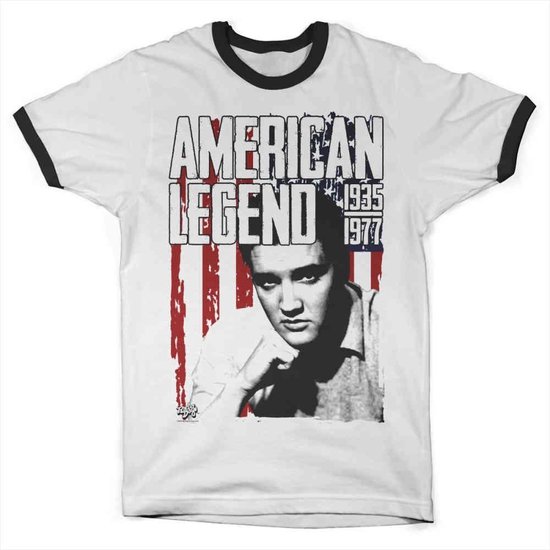 Wit T-shirt met opdruk "AMERICAN LEGEND" en Elvis Presley. Randen en kraag zwart.