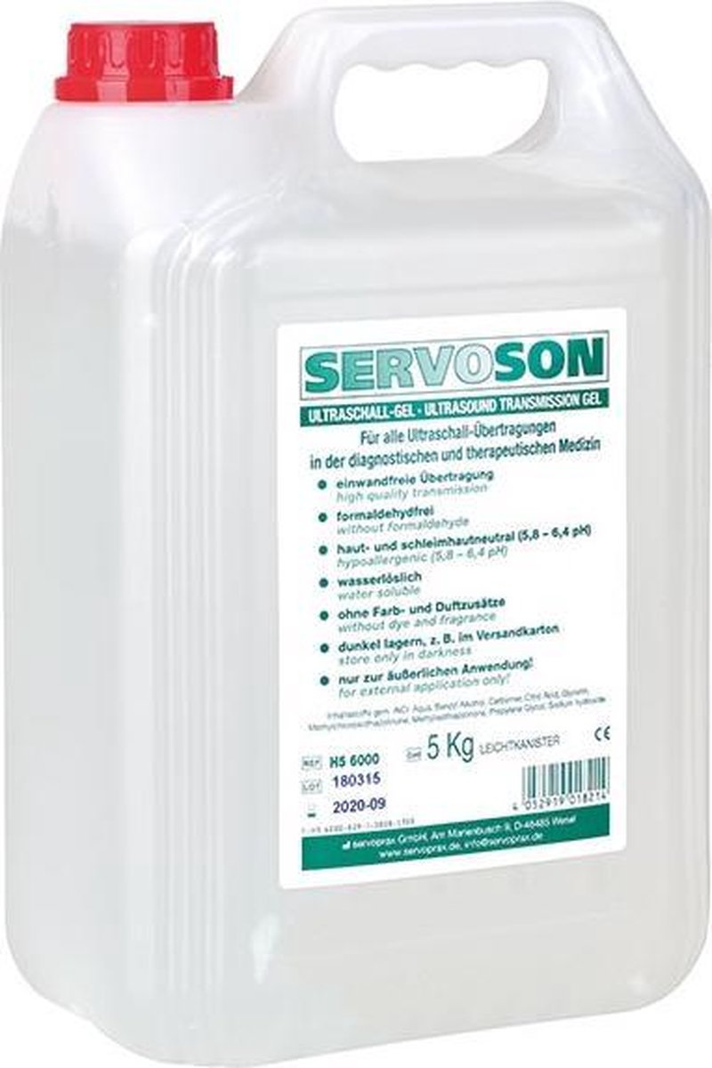 Servoson Ultrasound gel 5000 ml jerrycan (zonder pomp) | op waterbasis | antibacterieel | hypoallergeen | Ultrasound transmission gel - Servoson