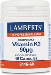 Witte pot met blauw en rood etiket. Lamberts High Potency Vitamin K2 90µg, 60 capsules.