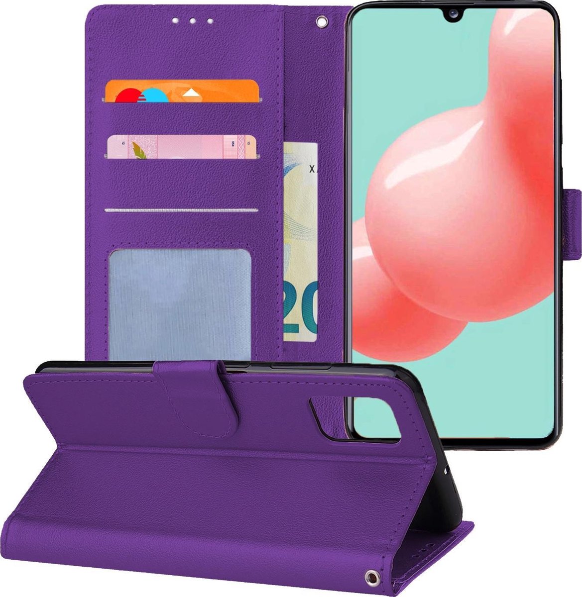 Hoesje - Met Pasjeshouder - Geschikt voor Samsung Galaxy A41 - Luxe Bookcase Portemonee - Flip Case - Kunstleer Book Case - Flipcase - Book Cover - Walletcase - Portemonneehoes - Telefoonhoesjes - Paars