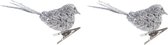 4x Kerstboomversiering glitter zilver vogeltje op clip 10 cm - Kerstboom decoratie vogeltjes