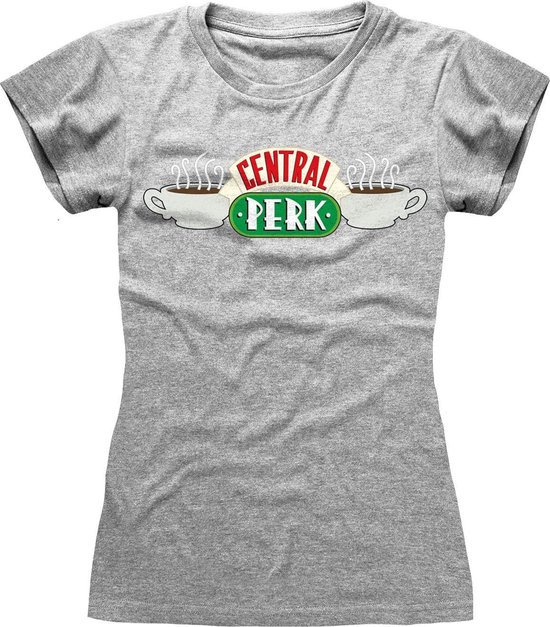 Grijs T-shirt met Central Perk logo, twee koffiekopjes en stoom.