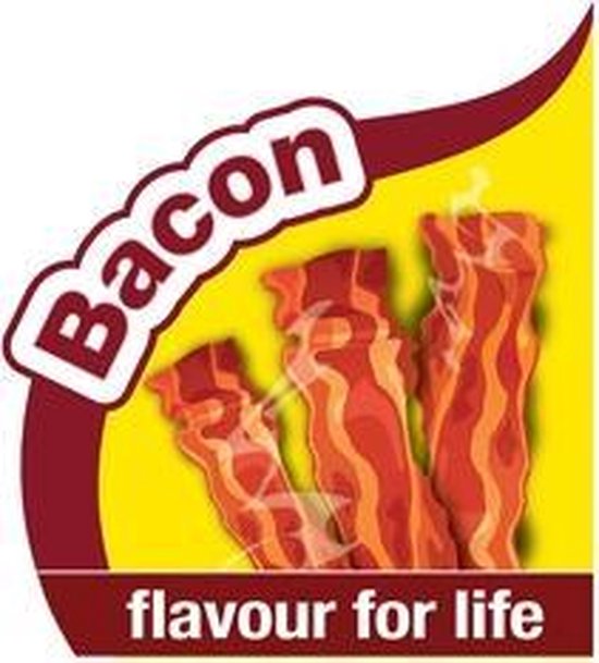 Logo met de tekst 'Bacon' en 'flavour for life' met afbeelding van spek.