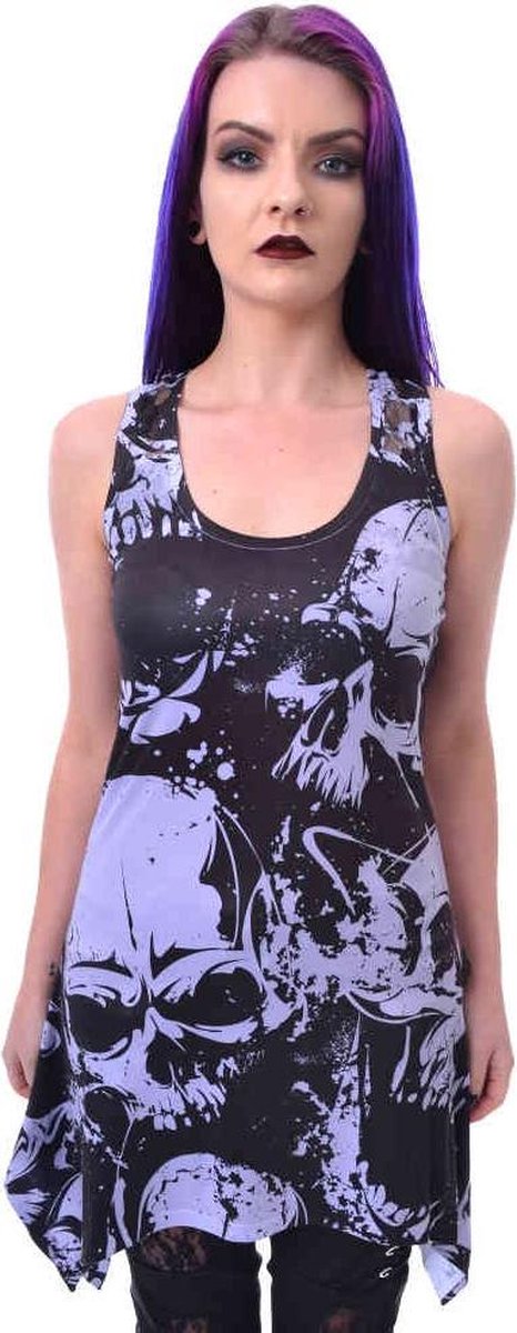 Heartless Skull Pattern Lace Panel Dames Top - zwart/wit - S