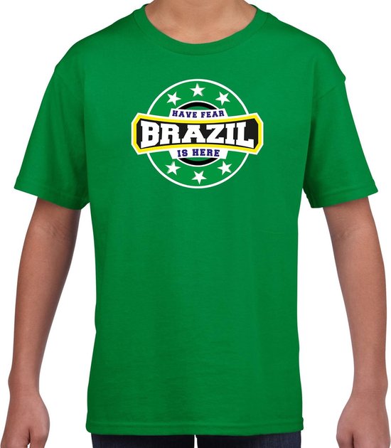 Have fear Brazil is here t-shirt met sterren embleem in de kleuren van de Braziliaanse vlag - groen - kids - Brazilie supporter / Braziliaans elftal fan shirt / EK / WK / kleding 110/116