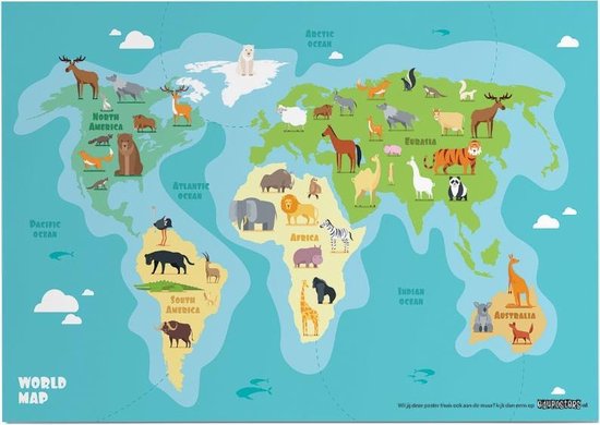 Educatieve poster (Posterpapier) - Topografie wereld ons dierenrijk - 70 x 50 cm (B2)