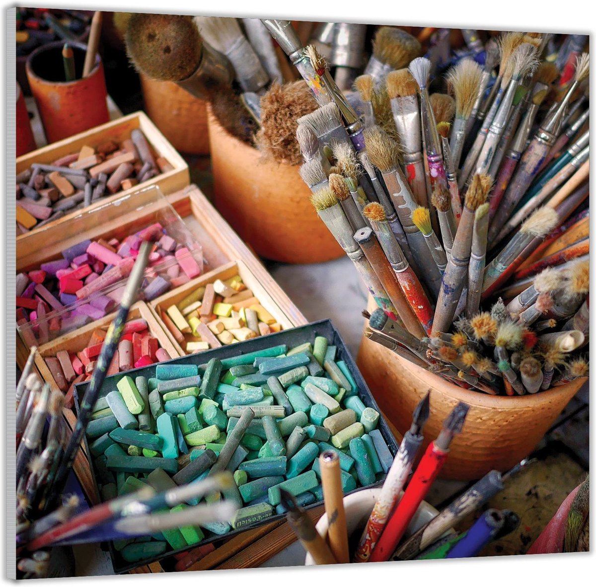 Acrylglas –Verfkwasten, Gekleurde Krijtjes en Potloden– 80x80 (Wanddecoratie op Acrylglas)