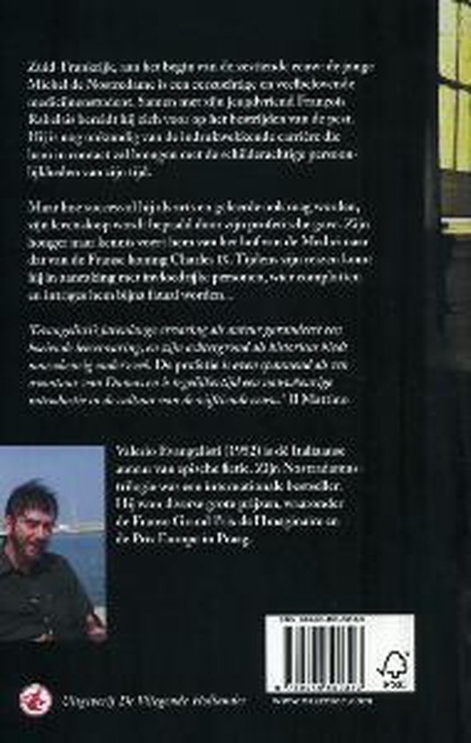 Achterkant boek met foto van Valerio Evangelisti, barcode en uitleg.