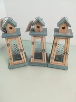 Waxinelichthouders - 3 stuks - glas en hout - in vorm van een vuurtoren