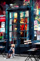 JJ-Art (Glas) | Italiaans bar restaurant café met terras en hond in Parijs in olieverf look | abstract, rood, Frankrijk, Italië | Foto-schilderij-glasschilderij-acrylglas-acrylaat-