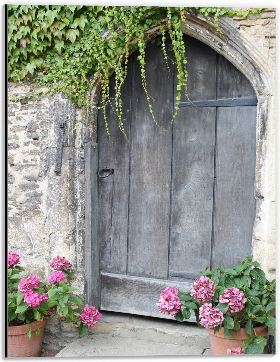 Dibond - Grijze Voordeur met Bloemen - 30x40cm Foto op Aluminium (Wanddecoratie van metaal