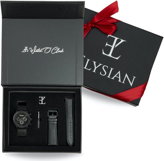 Elysian - Horloge Geschenkset mannen - Zwarte mesh horloge geschenkdoos met leren horlogebandje - Roestvrij Staal - Vaderdag Cadeau