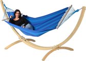 Hangmat met Standaard Eénpersoons 'Wood & Relax' Blue | Complete hangmatset | Bevestiging inclusief | 120 KG | 352 CM | Polycotton + Vurenhout (FSC® Mix) | 1% For The Planet | Tropilex