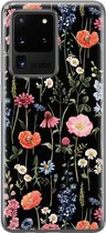 Samsung S20 Ultra hoesje - Bloemen zwart | Samsung Galaxy S20 Ultra hoesje | Siliconen TPU hoesje | Backcover Transparant