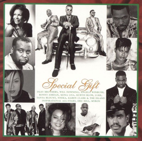 Collage met portretten van artiesten, waaronder de Isley Brothers, Will Downing en meer. Titel: Special Gift.