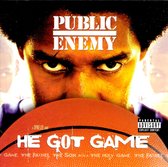 Albumcover van 'He Got Game' van Public Enemy, met een man die een basketbal vasthoudt en boos kijkt. "Public Enemy" en "He Got Game" zijn prominent aanwezig.