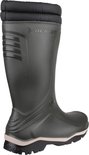 Donkergroene Dunlop regenlaars met zwarte, gewatteerde boord en textuur details op de schacht.