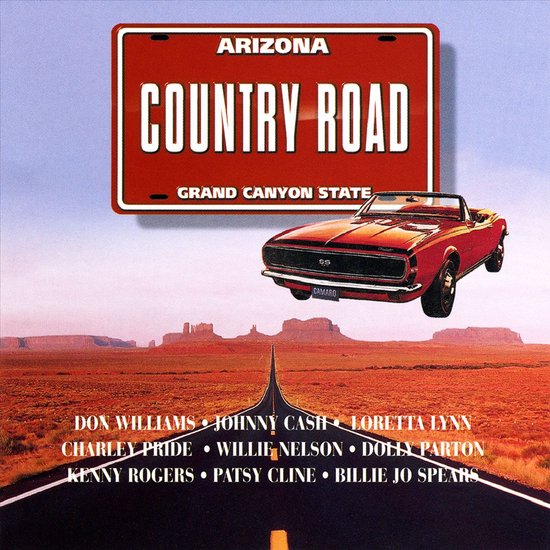 Rode Arizona country road nummerplaat met een rode Chevrolet Camaro cabriolet in de woestijn. Artiesten
vermeld: Don Williams, Johnny Cash, Loretta Lynn, Charley Pride, Willie Nelson, Dolly Parton, Kenny Rogers, Patsy Cline, Billie Jo Spears.
