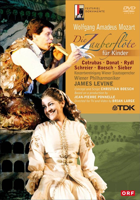 DVD-cover van 'Die Zauberflöte für Kinder' met een vrouw in een beige jurk en een man met een kostuum van bladeren.