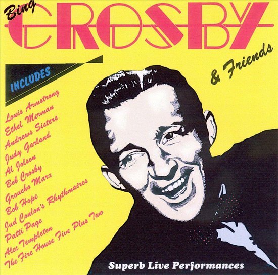 Bing Crosby albumhoes met een lachende portretfoto op een gele achtergrond en een lijst van gastartiesten.