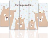 Schilderij , Loving Candies , 4 beren , 4 maten , 5 luik , multikleur , wanddecoratie , Premium print , XXL