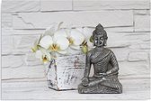 Schilderij - Zilveren Boeddha beeldje en witte orchidee