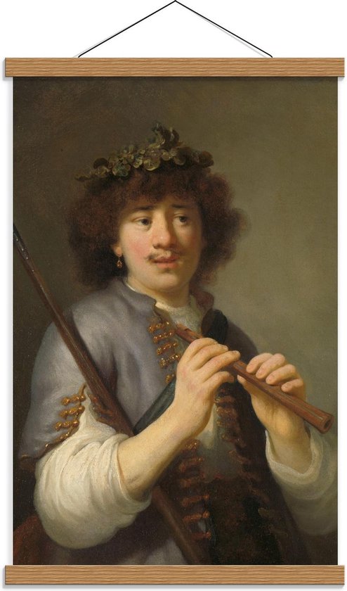 Schoolplaat – Oude meesters - Rembrandt als herder met staf en fluit, Govert Flinck - 40x60cm Foto op Textielposter (Wanddecoratie op Schoolplaat)