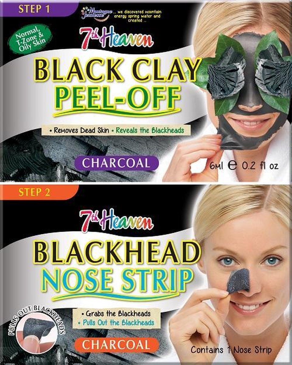 7Th Heaven - Charcoal Duo Black Clay Peel Off Carbon Face Mask Black Clay 6Ml + Blackhead Nose Strip Nose Job Leveling Blackheads 1Pcs