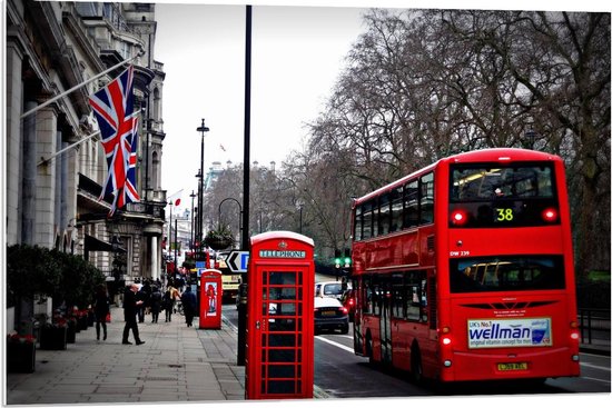 Forex - Rode Bus en Telefooncel in Londen - 90x60cm Foto op Forex