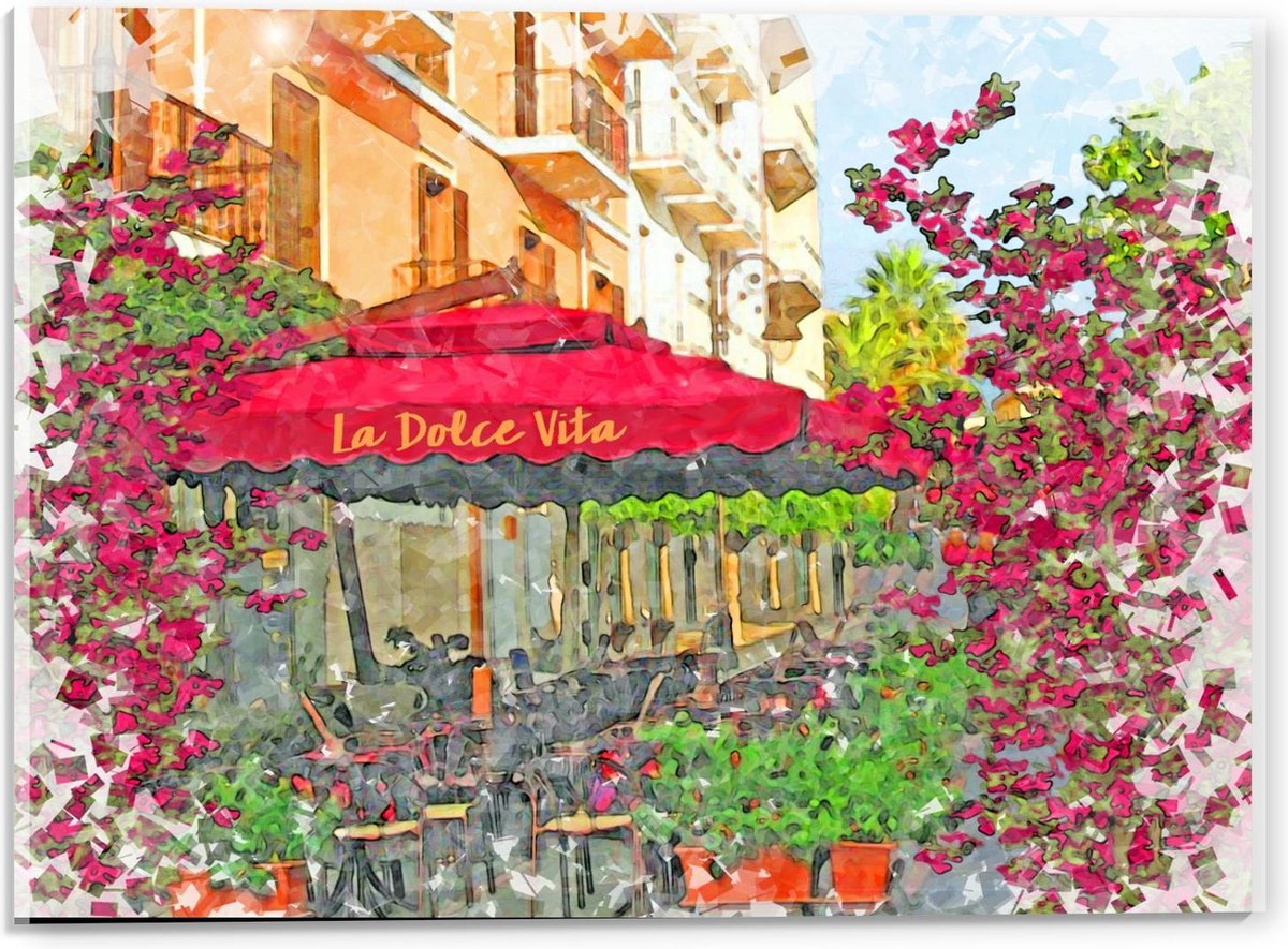 Acrylglas - Geschilderd Terras met Roze Parasol - 40x30cm Foto op Acrylglas (Met Ophangsysteem)