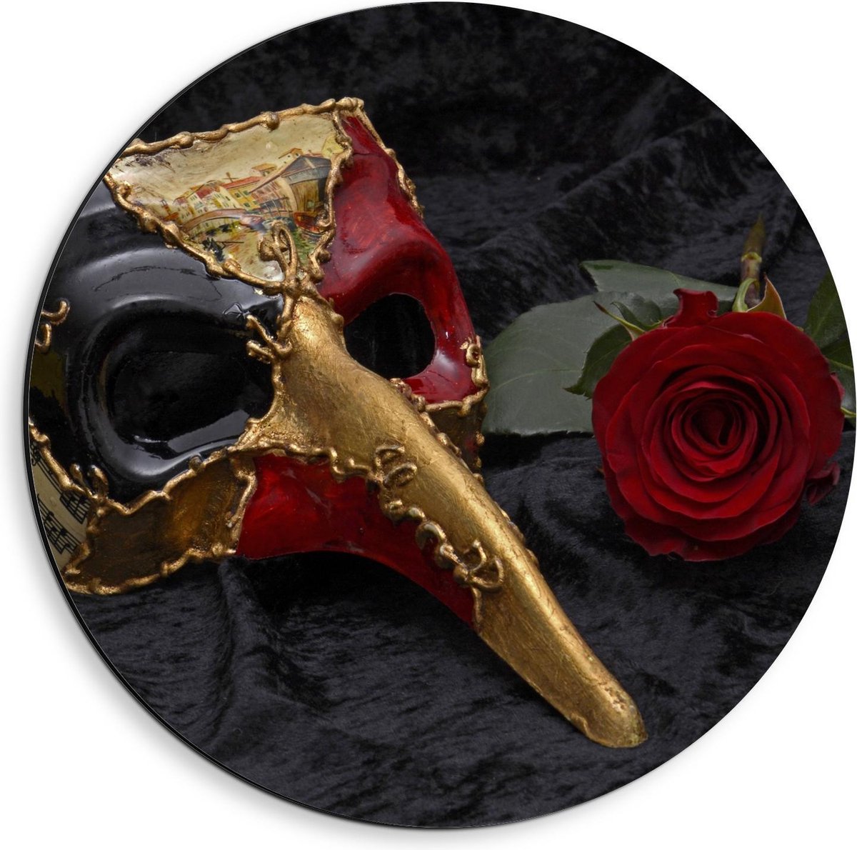 Dibond Wandcirkel - Goud/Rood Masker met Rode Roos - 40x40cm Foto op Aluminium Wandcirkel (met ophangsysteem)