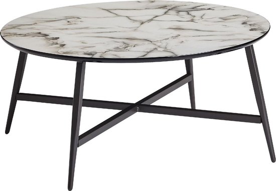 salontafel rond 88x37x88 cm met marmerlook wit | Salontafel met metalen poten zwart | Moderne decoratieve tafel