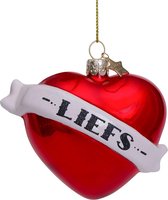 Ornament glass red pearl heart w/text liefs H8,5cm