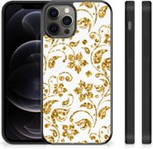 Back Cover Siliconen Hoesje Geschikt voor iPhone 12 Pro Max Telefoonhoesje met Zwarte rand Gouden Bloemen