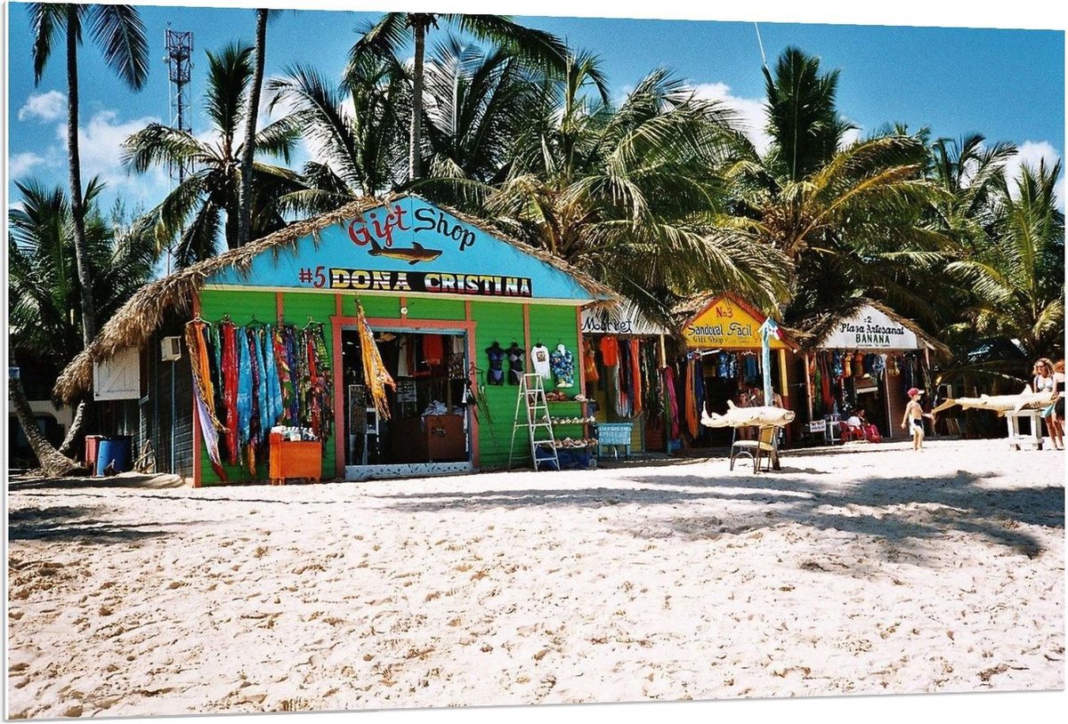 KuijsFotoprint Forex - Winkeltjes op het Strand - 120x80cm Foto op Forex Blauw