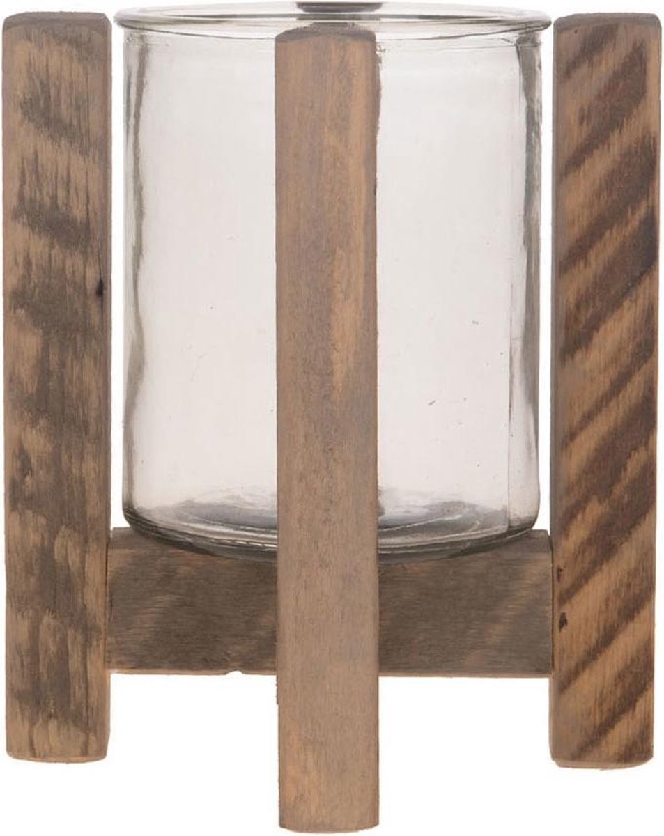 Bellatio Design Waxinelichthouders - op standaard - hout - 21 cm - Kaarsenhouders/lantaarns - Sfeer lichtjes Bruin