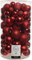 100x Rode kerstballen 4-5-6-7-8 cm - Glans en glitter - Mix - Onbreekbare plastic kerstballen - Kerstboomversiering rood