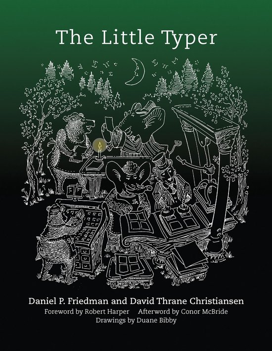 Boekillustratie met de titel 'The Little Typer'. Tekening met dieren aan bureaus onder een halve maan en bomen.
