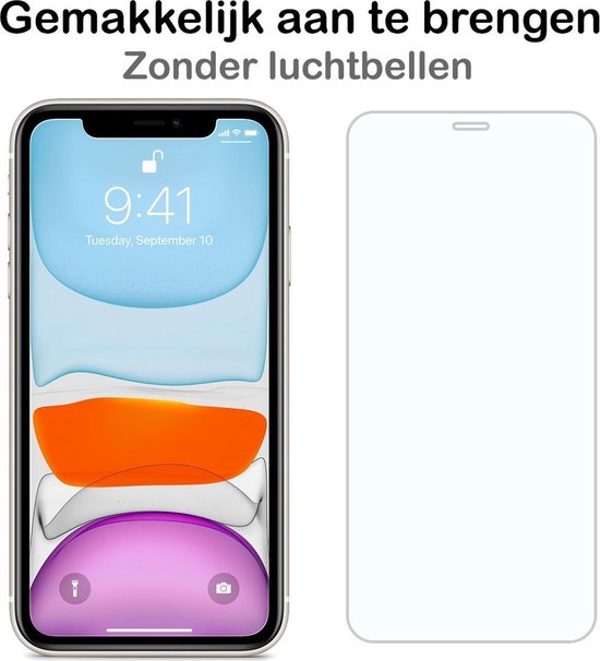 Telefoon met screenprotector en "Gemakkelijk aan te brengen Zonder luchtbellen".
