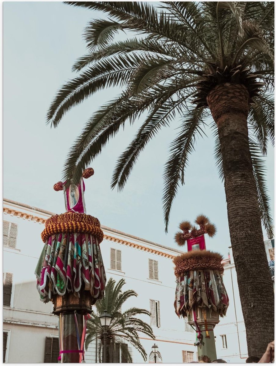 Poster – Palmboom met Versierde Palen - 30x40cm Foto op Posterpapier