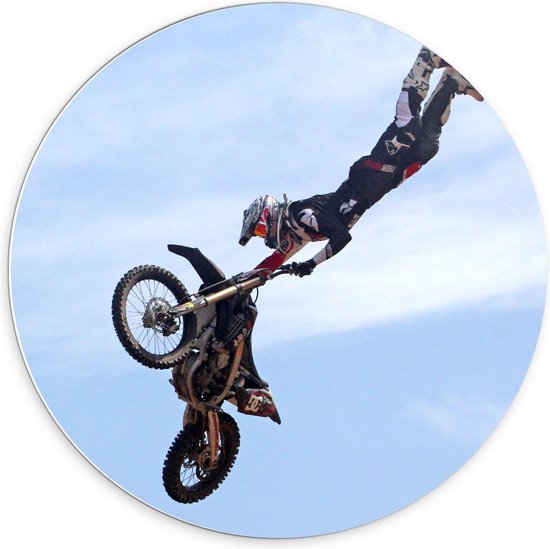 Forex Wandcirkel - Motorcrosser in de Lucht met Motor - 70x70cm Foto op Wandcirkel (met ophangsysteem)