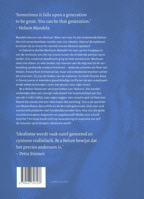 Achterkant boek 'Be a Nelson'. Tekst over Nelson Mandela en Ilco van der Linde.