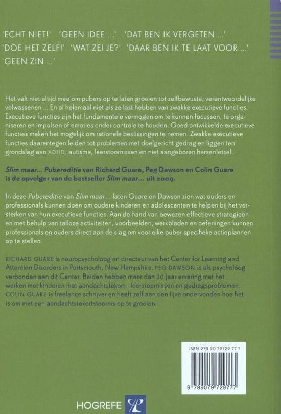 Achterzijde van het boek Slim maar... Pubereditie met citaten over pubers.