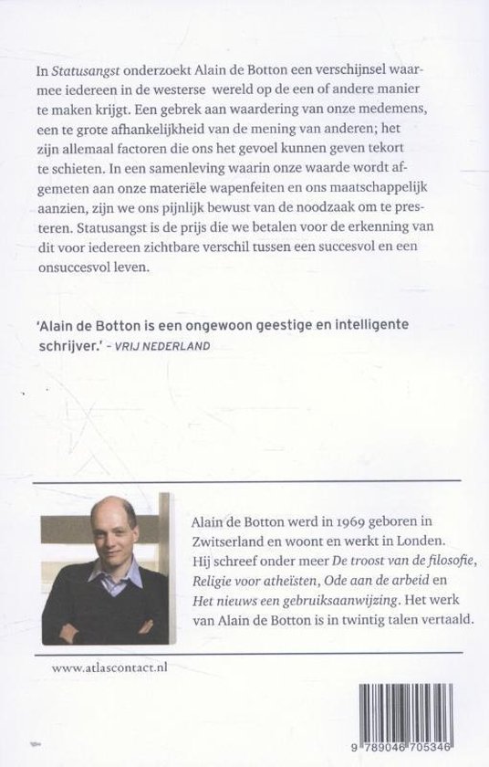 Achterkant van het boek 'Statusangst' met tekst en een foto van Alain de Botton.