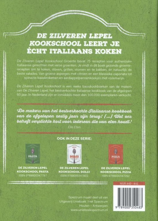 Achterkant van een kookboek met tekst over Italiaanse recepten en een sectie 'Ook in deze serie'.