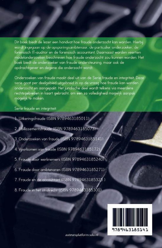 Boek 'Serie fraude en integriteit', deel 3: 'Onderzoeken van fraude'. Achtergrond van metalen typografische letters.